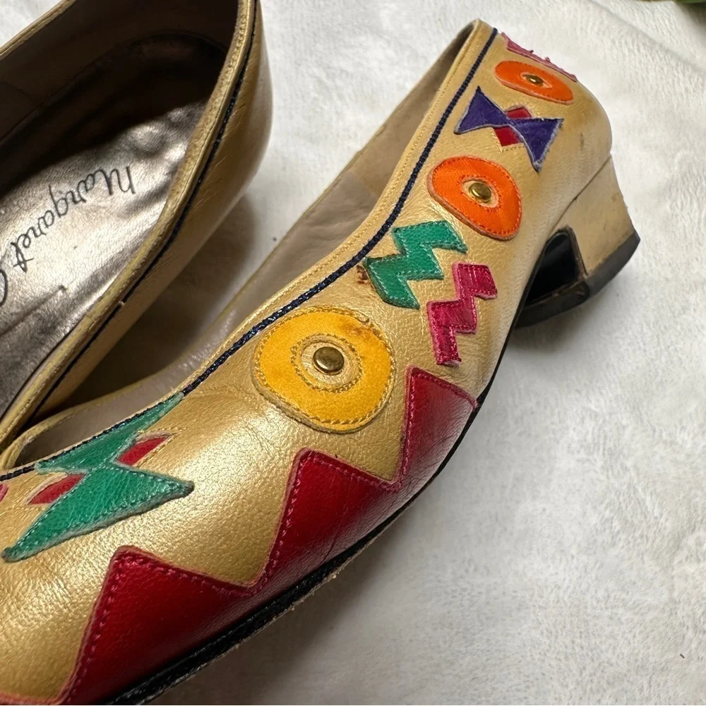 Margaret Jerrold Vintage 80s Leather Flats Aztec Southwestern Print Womens 6.5